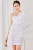 Winter Elegant White Sequins Ruffled One Shoulder Long Sleeve Short Formal Party Dress