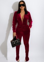 Winter Sexy Red Velvet Zipper Hoody Long Sleeve Ruched Jumpsuit