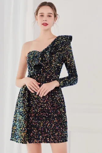 Winter Elegant Black Sequins Ruffled One Shoulder Long Sleeve Short Formal Party Dress