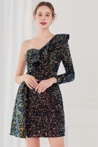 Winter Elegant Black Sequins Ruffled One Shoulder Long Sleeve Short Formal Party Dress