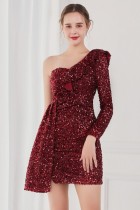 Winter Elegant Red Sequins Ruffled One Shoulder Long Sleeve Short Formal Party Dress