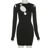 Fall Sexy Black Round Neck Hollow Out Long Sleeve Bodycon Dress