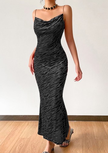 Spring Sexy Black Velvet Stripes Straps Backless Long Dress