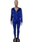 Winter Sexy Blue Velvet Zipper Hoody Long Sleeve Ruched Jumpsuit
