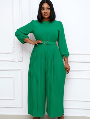 Spring Plus Size Elegant Green Round Neck Long SLeeve Pleated Loose Jumpsuit with Belt