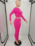 Fall Casual Rose Red Long Sleeve Zipper Cropped Hoodies and Slim Pants Two Piece Set Sportswear Vendors