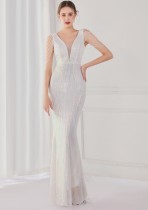 Frühling Elegantes Weißes Bling Pailletten V-Ausschnitt Quaste Farbverlauf Meerjungfrau Abendkleid
