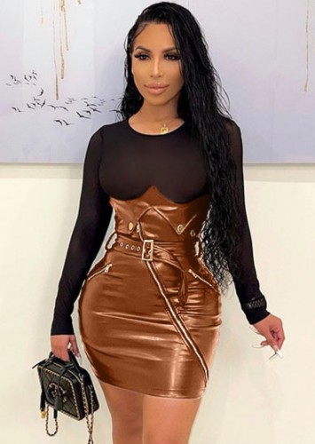 Winter Sexy Brown Mesh Patch Long Sleeve PU Leather Bodycon Dress with Belt