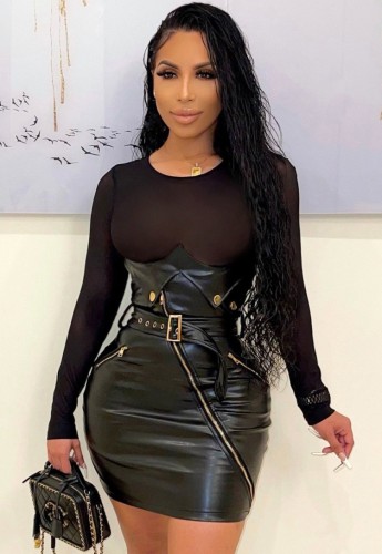 Winter Sexy Black Mesh Patch Long Sleeve PU Leather Bodycon Dress with Belt