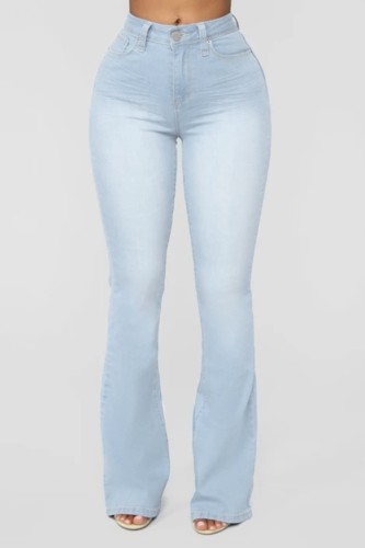Herfst sexy lichtblauwe stretchy flare jeans met lage taille