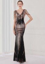 Frühling Elegantes Schwarzes Bling Pailletten V-Ausschnitt Quaste Farbverlauf Meerjungfrau Abendkleid