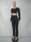 Spring Sexy Black Round Neck Hollow Out Backless Long SLeeve Crop Top and Match Pants wholesale Two Piece Sets