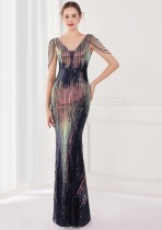 Frühling Elegantes Dunkelblaues Bling Pailletten V-Ausschnitt Quaste Farbverlauf Meerjungfrau Abendkleid