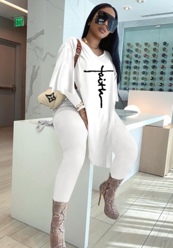 Fall Casual White Embroidered Long Sleeve Oversize T-shirt and Tight Pants Wholesale Two Piece Clothing