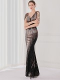 Spring Elegant Black Bling Sequins V Neck Tassel Gradient Mermaid Evening Dress