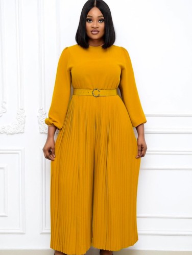 Spring Plus Size Elegant Yellow Round Neck Long SLeeve Pleated Loose Jumpsuit with Belt