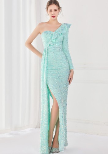 Winter Elegant Blue Sequins Ruffled One Shoulder Long Sleeve Slit Formal Party Evening Dress