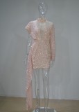 Winter Sexy Pink Sequins Mesh Patch Midi Neck Single Long Sleeve Hip Wrap Party Dress