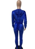 Winter Sexy Blue Velvet Zipper Hoody Long Sleeve Ruched Jumpsuit
