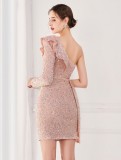 Winter Elegant Pink Sequins Ruffled One Shoulder Long Sleeve Short Formal Party Dress