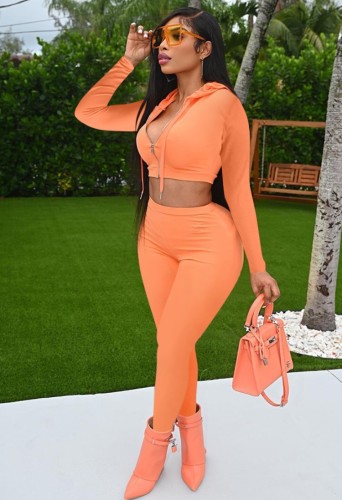 Fall Casual Orange Long Sleeve Zipper Cropped Hoodies and Slim Pants Two Piece Set Sportswear Vendors