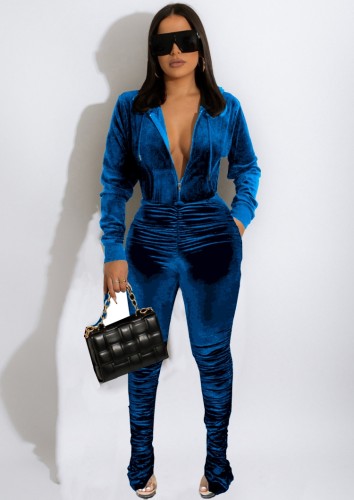 Winter Sexy Blue Velvet Zipper Hoody Long Sleeve Ruched Jumpsuit