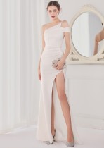 Spring Elegant White One Shoulder High Slit Cocktail Eevening Dress
