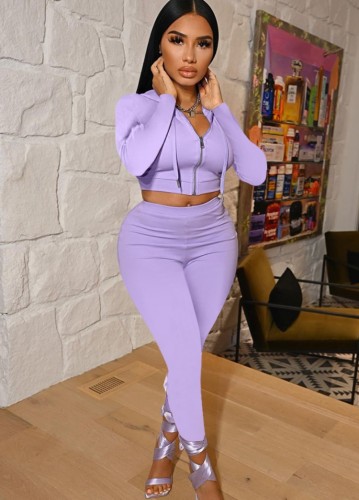 Fall Casual Purple Long Sleeve Zipper Cropped Hoodies and Slim Pants Two Piece Set Sportswear Vendors