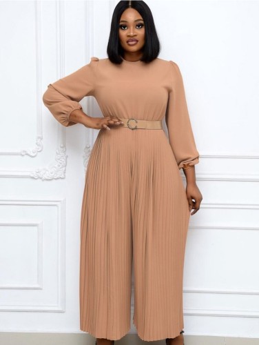 Spring Plus Size Elegant Khaki Round Neck Long SLeeve Pleated Loose Jumpsuit with Belt