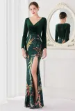 Winter Elegant Green Velvet With Sequins Deep V Neck Long Sleeve Slit Cocktail Eevening Dress