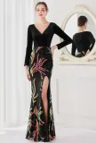 Winter Elegant Black Velvet With Sequins Deep V Neck Long Sleeve Slit Cocktail Eevening Dress