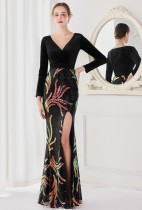 Winter Elegant Black Velvet With Sequins Deep V Neck Long Sleeve Slit Cocktail Eevening Dress