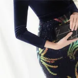 Winter Elegant Blue Velvet With Sequins Deep V Neck Long Sleeve Slit Cocktail Eevening Dress