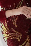 Winter Elegant Red Velvet With Sequins Deep V Neck Long Sleeve Slit Cocktail Eevening Dress
