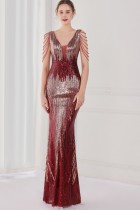 Spring Plus Size Elegant Red Bling Sequins V Neck Tassel Gradient Mermaid Evening Dress