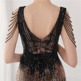 Spring Plus Size Elegant Black Bling Sequins V Neck Tassel Gradient Mermaid Evening Dress