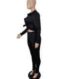 Spring Sexy Black Pocket Long Sleeve Shirt And Pant Wholesale 2 Piece Outfits