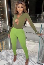 Conjunto de duas peças feminino moda primavera verde recortado manga longa e cuecas atacado feminino