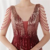 Spring Plus Size Elegant Red Bling Sequins V Neck Tassel Gradient Mermaid Evening Dress