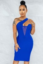 Sommer Sexy Blau Ausgeschnitten Mit Mesh Ärmellosem Kleid