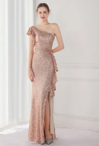Summer Elegant Pink One Shoulder Slit Cocktail Eevening Dress