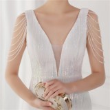 Spring Plus Size Elegant White Bling Sequins V Neck Tassel Gradient Mermaid Evening Dress