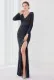 Winter Elegant Blue Deep V Neck Long Sleeve Slit Cocktail Eevening Dress