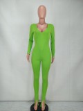 Fall Basic Style Green Deep V-Neck Long Sleeve Jumpsuit