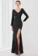 Winter Elegant Black Deep V Neck Long Sleeve Slit Cocktail Eevening Dress