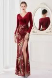 Winter Elegant Red Velvet With Sequins Deep V Neck Long Sleeve Slit Cocktail Eevening Dress