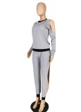 Spring Sxey Grey Rhinestone Cut Out Long Sleeve Round Neck Top And Pant Wholesale 2 Piece Sets