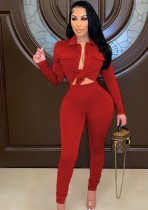 Spring Sexy Red Pocket Long Sleeve Shirt And Pant Wholesale 2 Piece Outfits