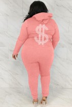 Winter Plus Size Sportwear Pink Cremallera en la parte posterior Estampado de manga larga Sudaderas con capucha y pantalón Conjuntos de 2 piezas al por mayor
