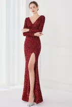 Winter Elegant Red Deep V Neck Long Sleeve Slit Cocktail Eevening Dress